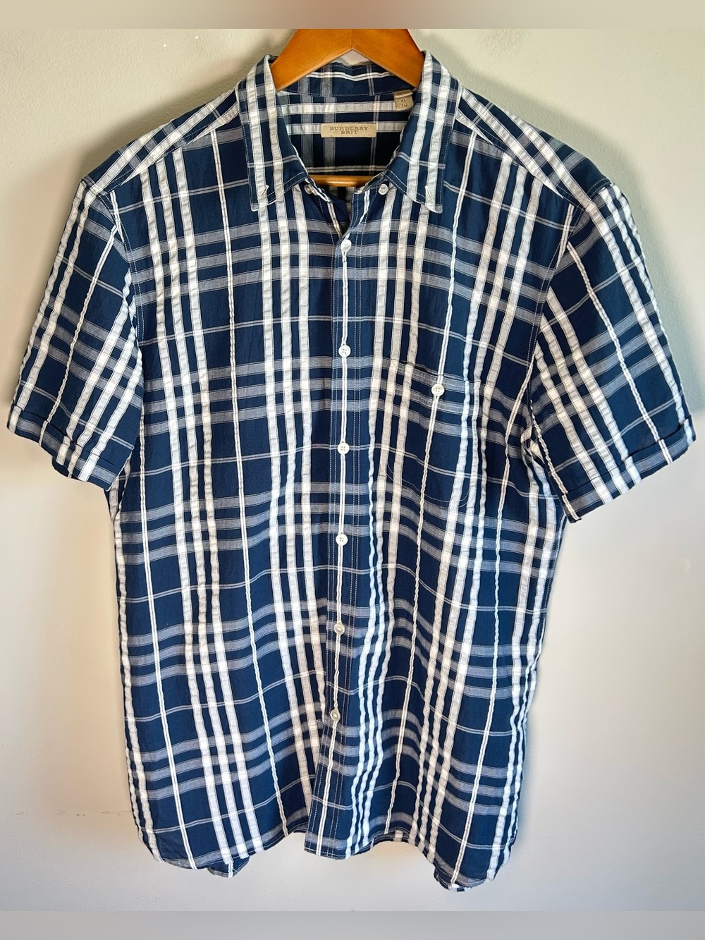 Burberry Brit Men’s Button Up Shirt Size XL Short Sleeve Blue White Plaid Cotton